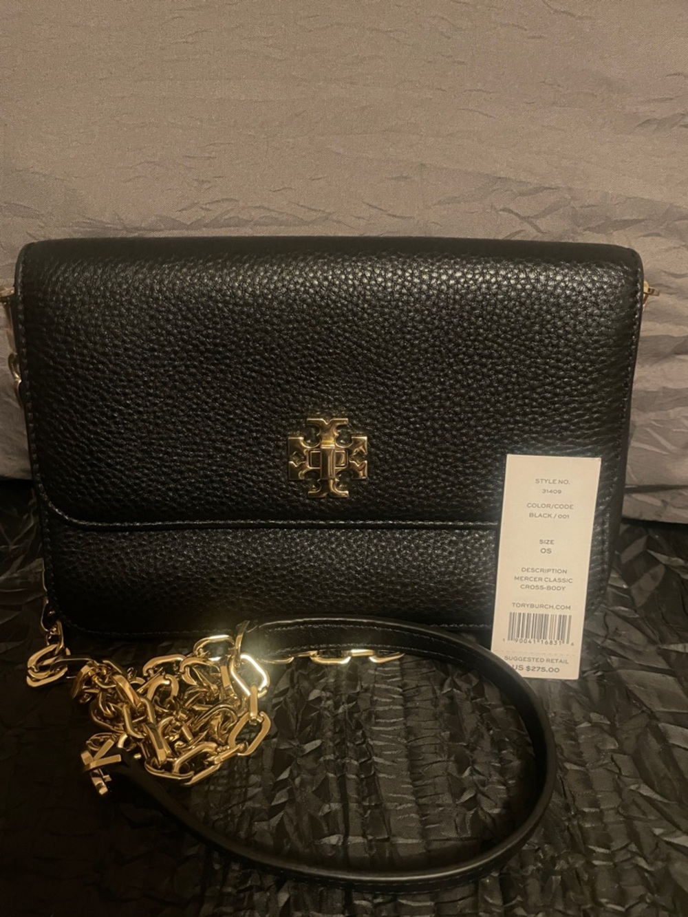 Tory Burch Black Pebbled Leather Crossbody with Gold Hardware